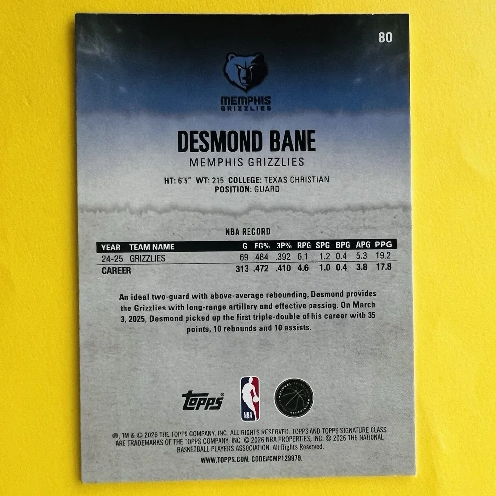2025-26 Topps Signature Class Round 1 Pick 30 Desmond Bane #80 Grizzlies